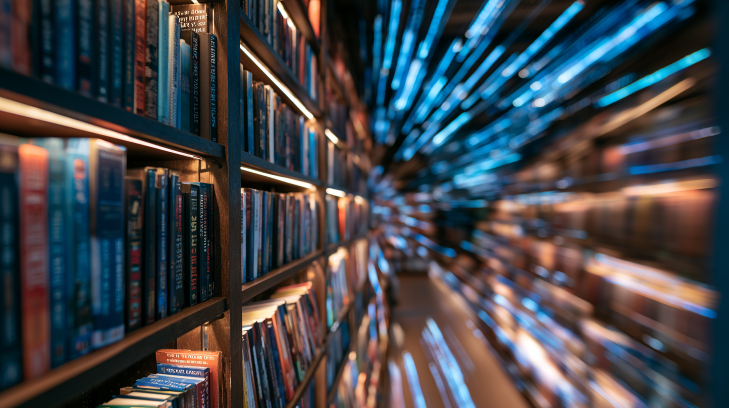 Bookshelves stretching into a blurred digital future, illustrating uncertainty over AI-written books in bookstores