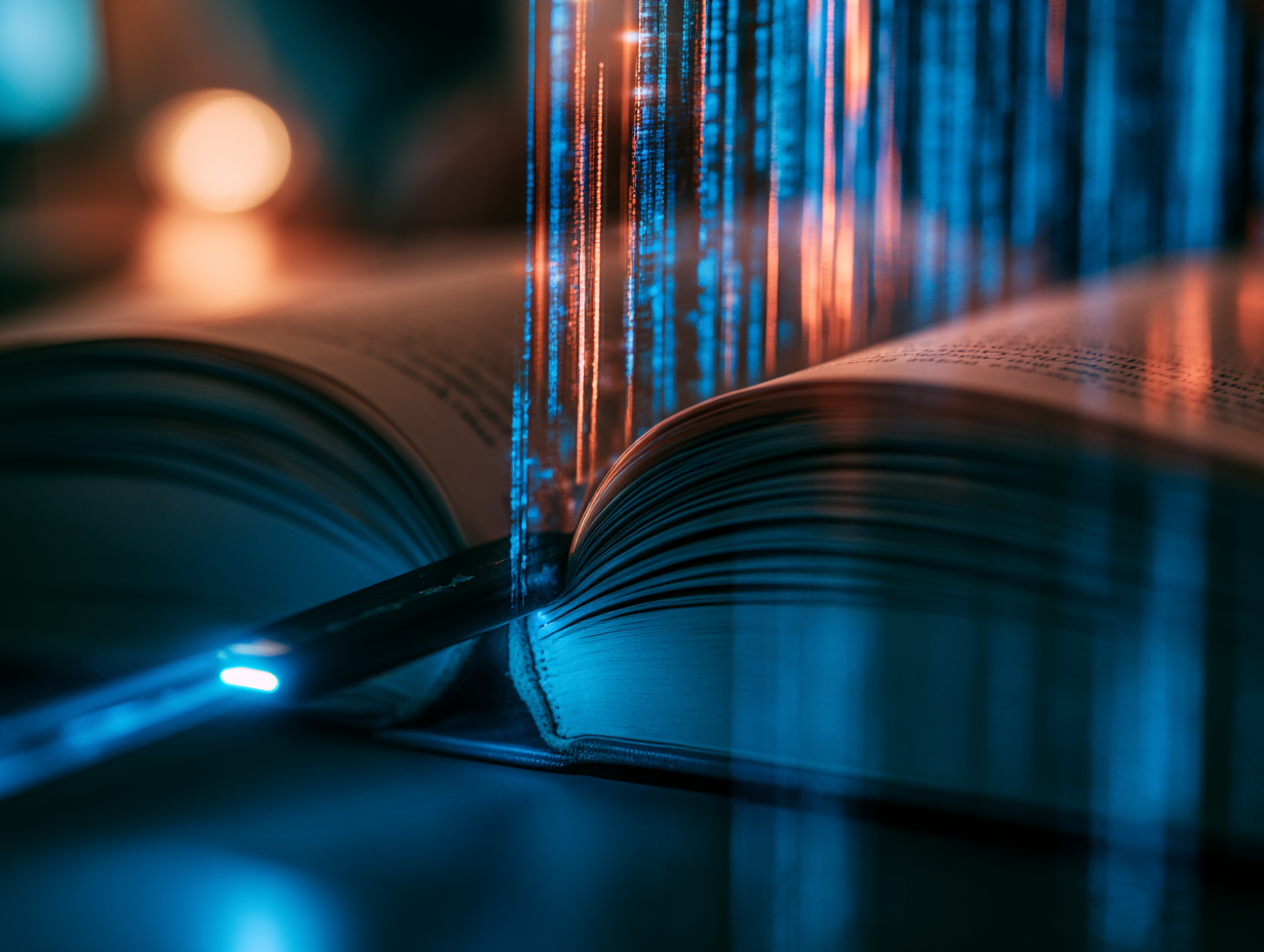 Open book and a small tracking device in low light, with blurred bookshelves behind