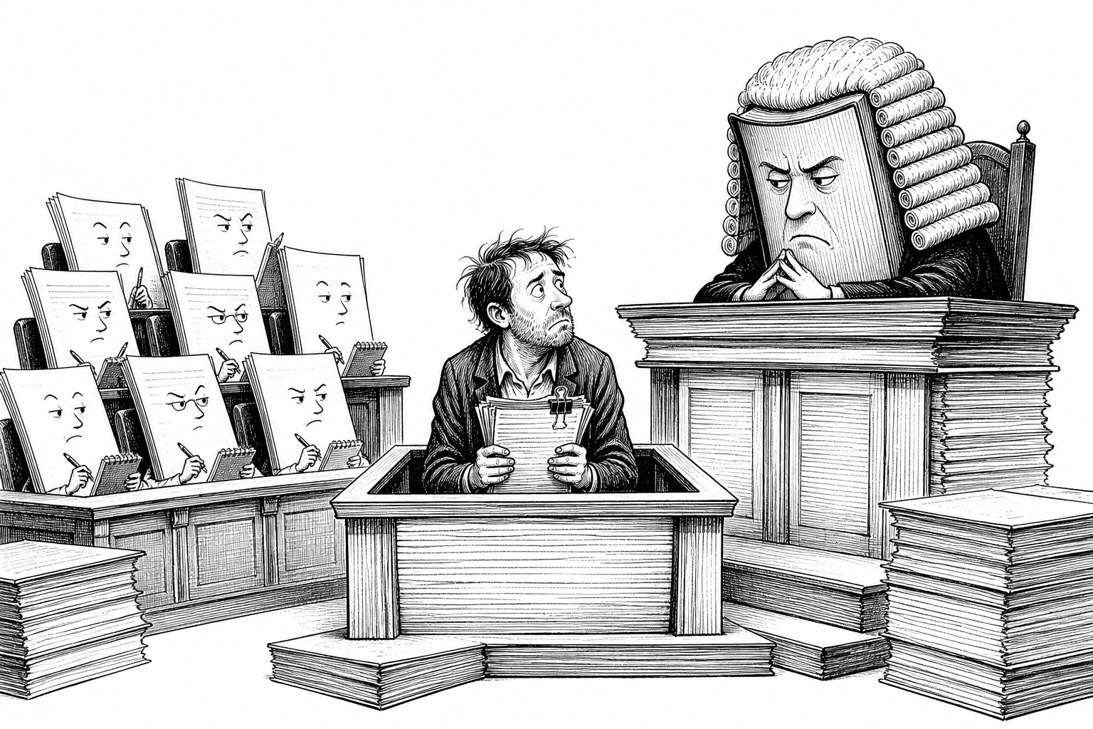 A writer in the witness box before a book judge and a jury of manuscript pages.