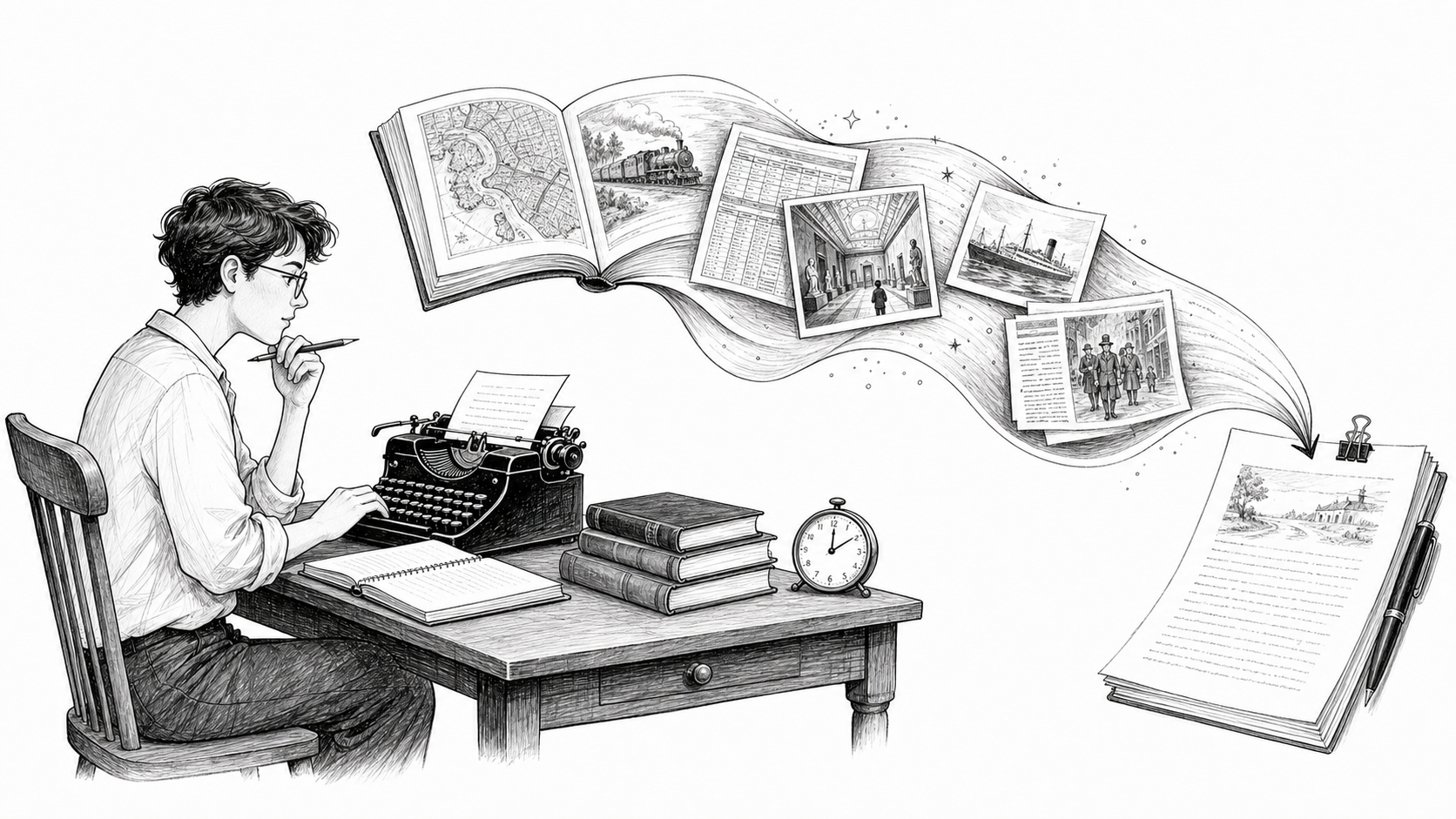 Monochrome pen-and-ink sketch of a novelist turning archival research into a manuscript at a typewriter