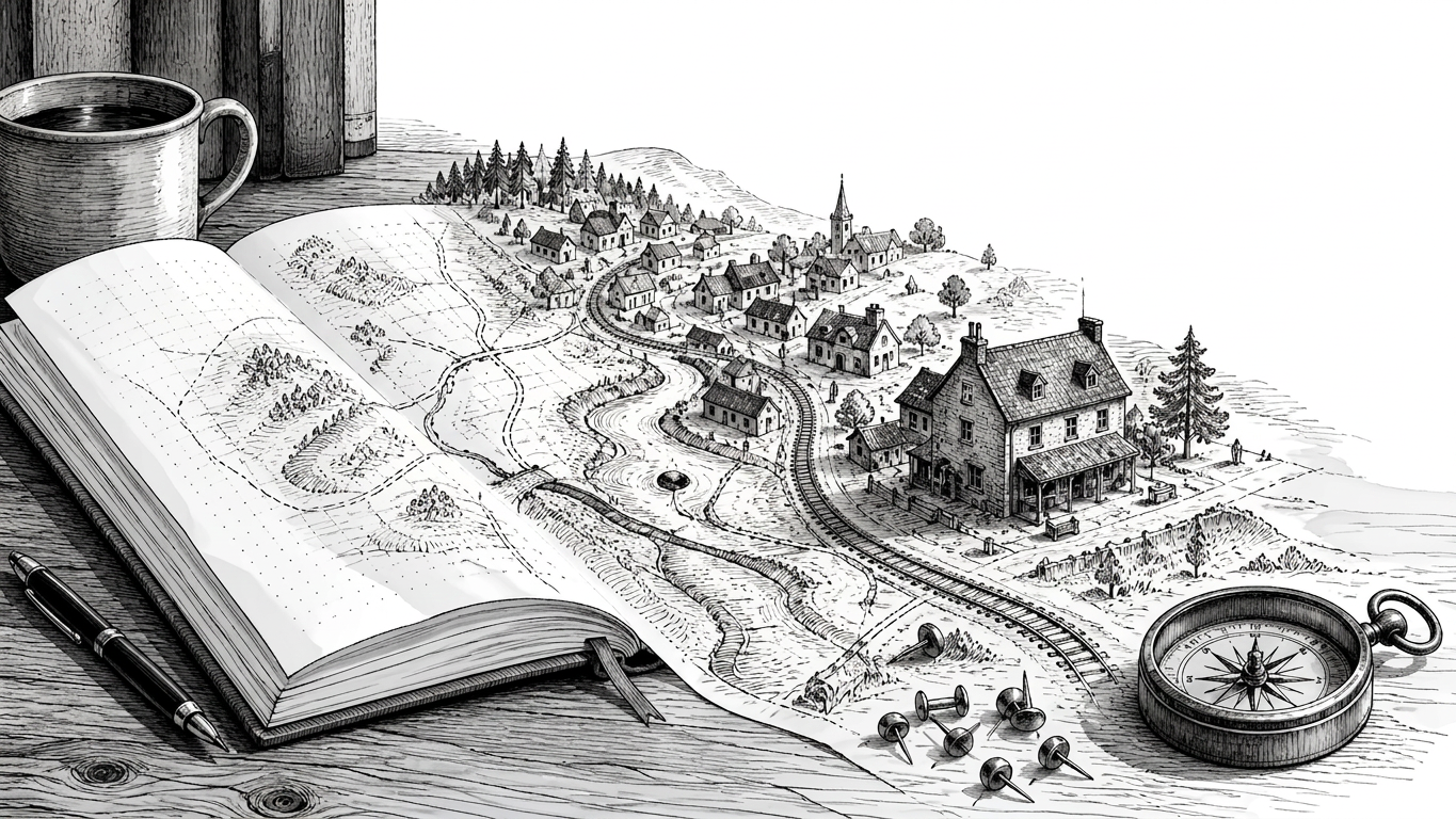 Pen-and-ink illustration of a fictional town emerging from an open notebook, with a railway, river and compass