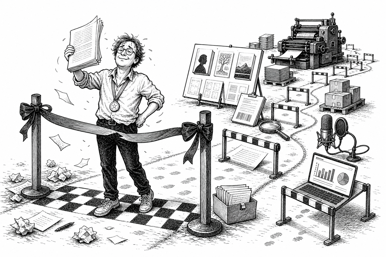 A writer crosses a finish line holding a manuscript, only to face the obstacle course of publishing.