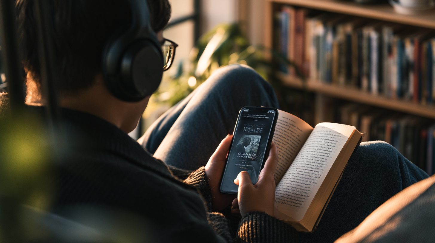 Reader wearing headphones beside an open book while using an audiobook app on a phone