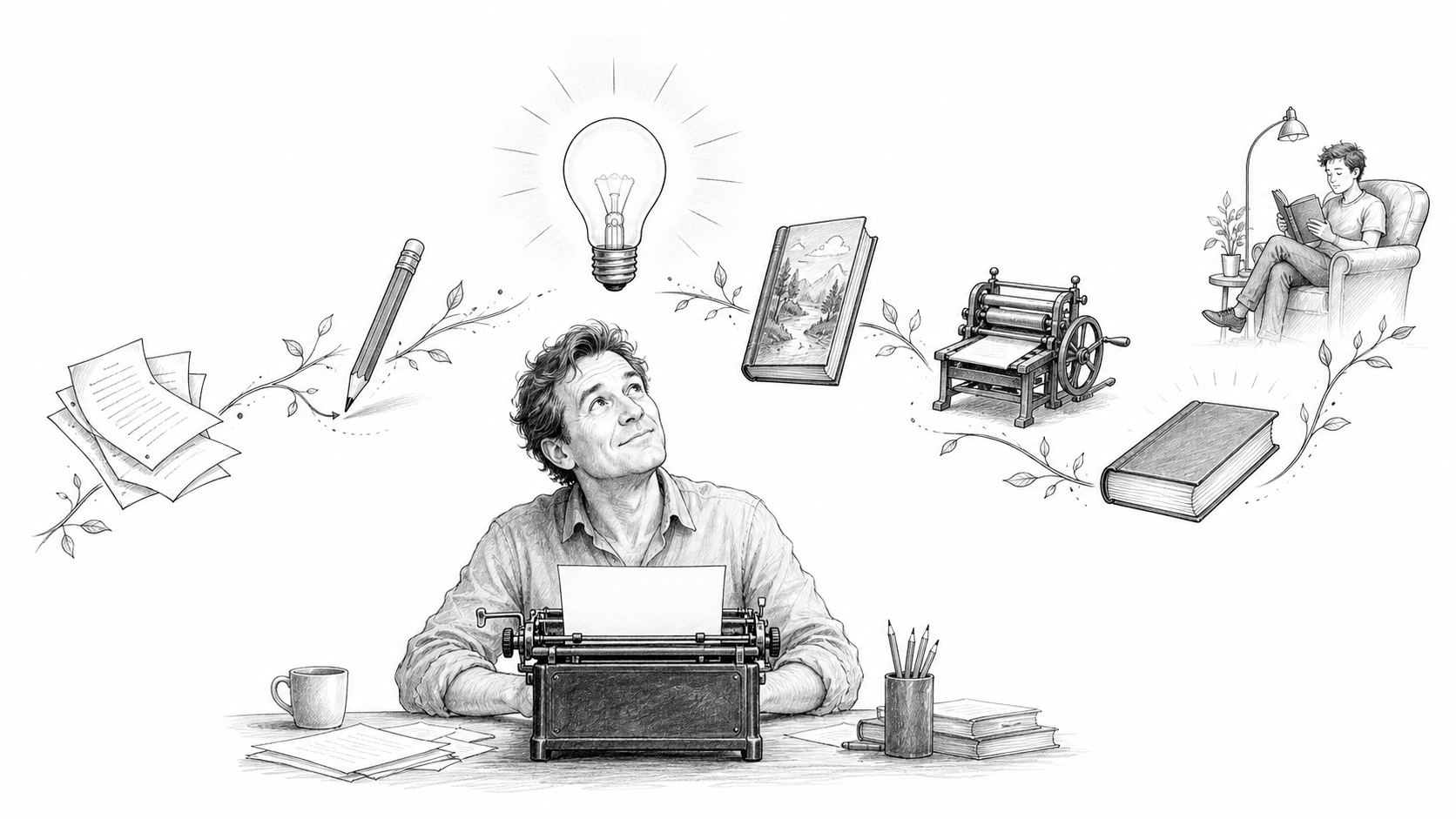 An author at a typewriter follows the branching journey from a book idea to a finished book and its reader