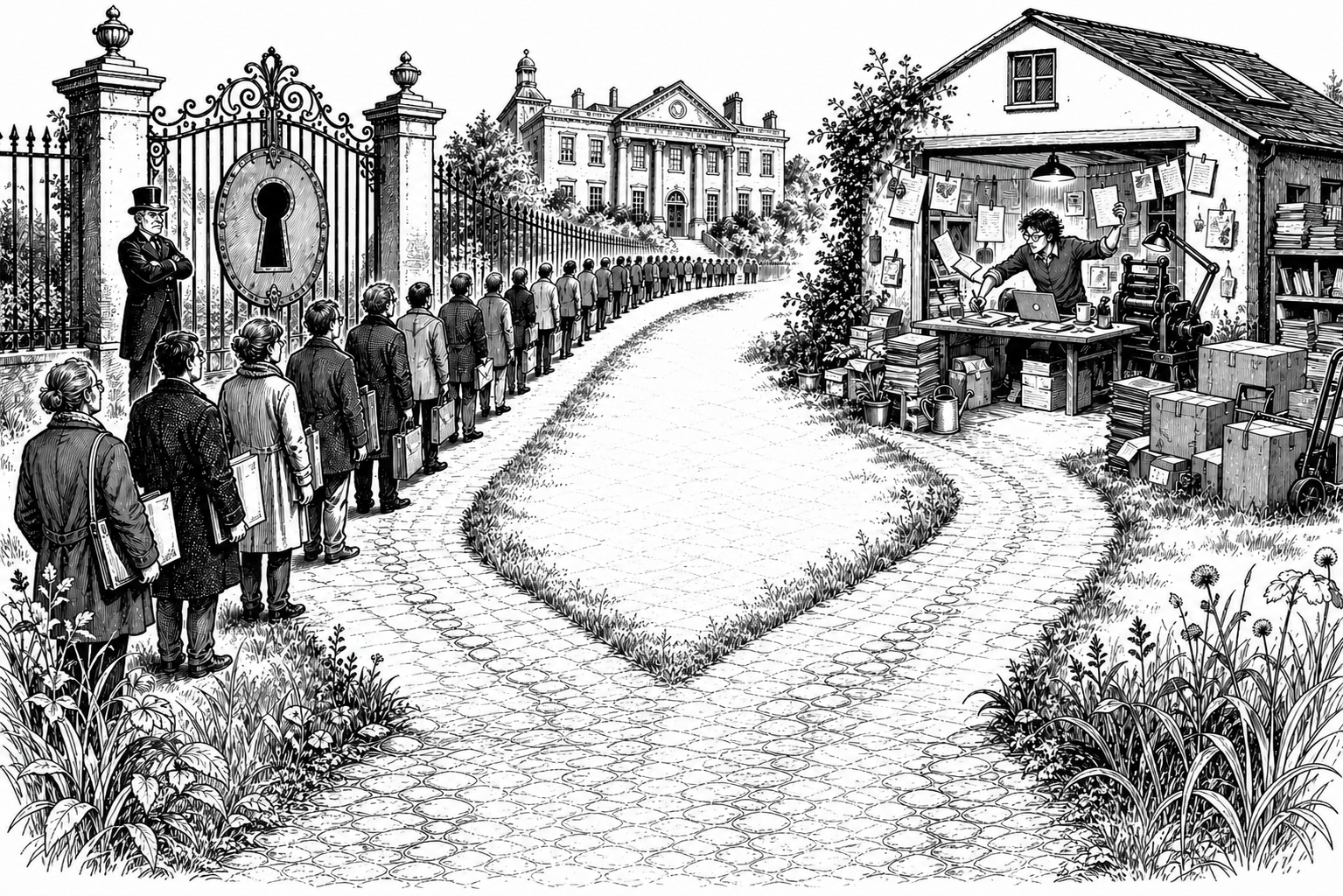 A long queue of writers outside a locked traditional publishing house beside a busy independent publishing workshop