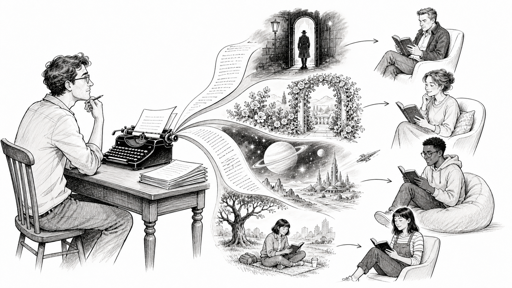 An author at a typewriter considers different story genres as distinct readers choose the books meant for them
