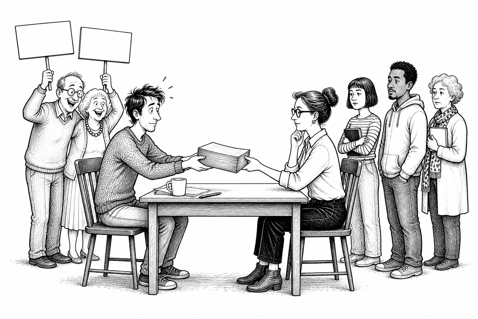 A nervous writer hands a manuscript to an honest reader while enthusiastic relatives and fresh readers wait behind them.