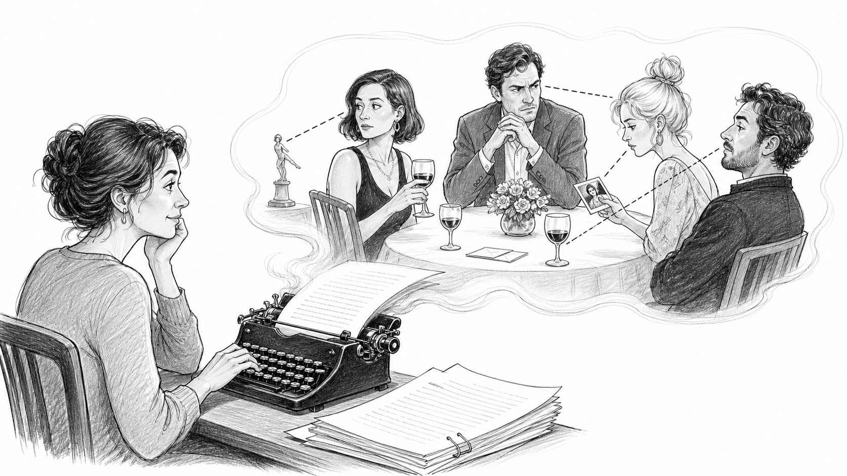 A female novelist at a typewriter imagines four characters experiencing the same scene from different viewpoints