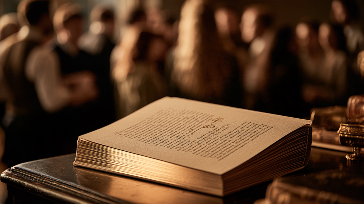 Open book in front of a blurred bookshelf