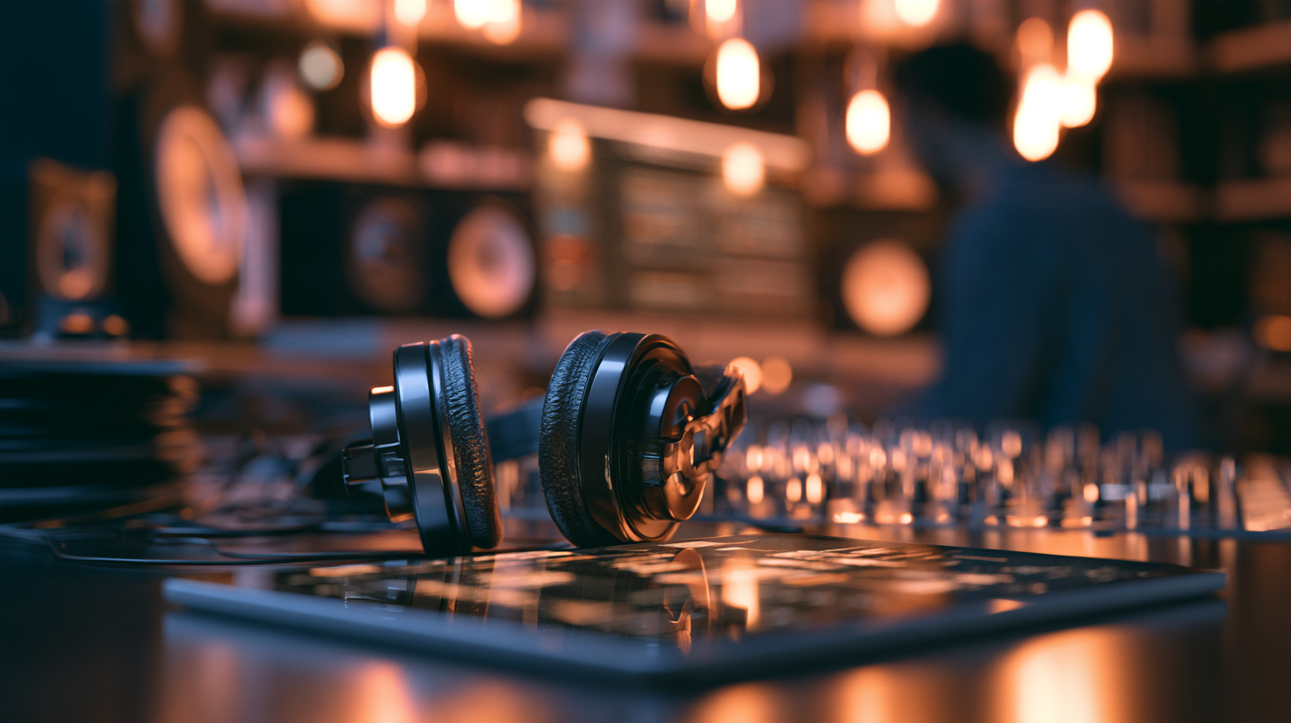 Headphones on an audio mixing desk in a recording studio.