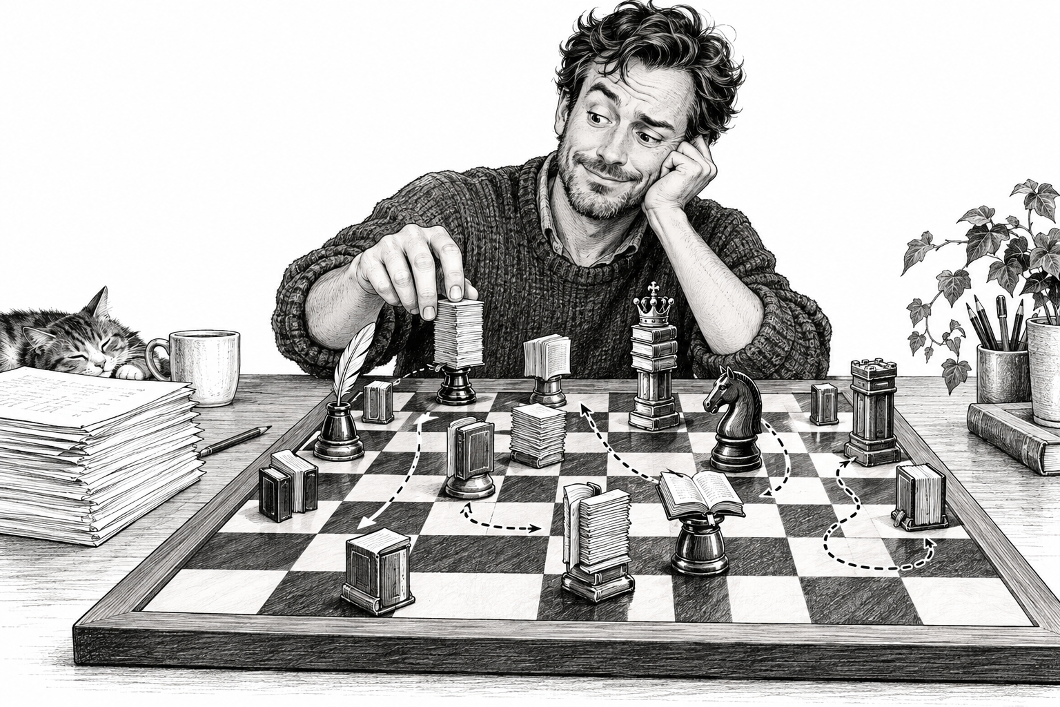 A bemused author considers his next move on a chessboard filled with book-shaped pieces.